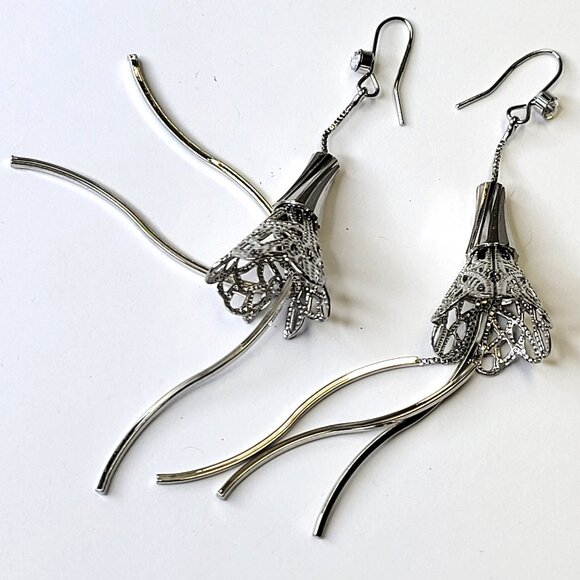 Silver Filigree Dangle Drop Earrings with Long Tassels - Picture 3 of 9